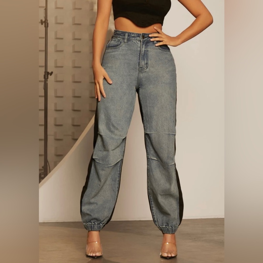 High-Rise Fold Pleated Detail Two Tone Jeans